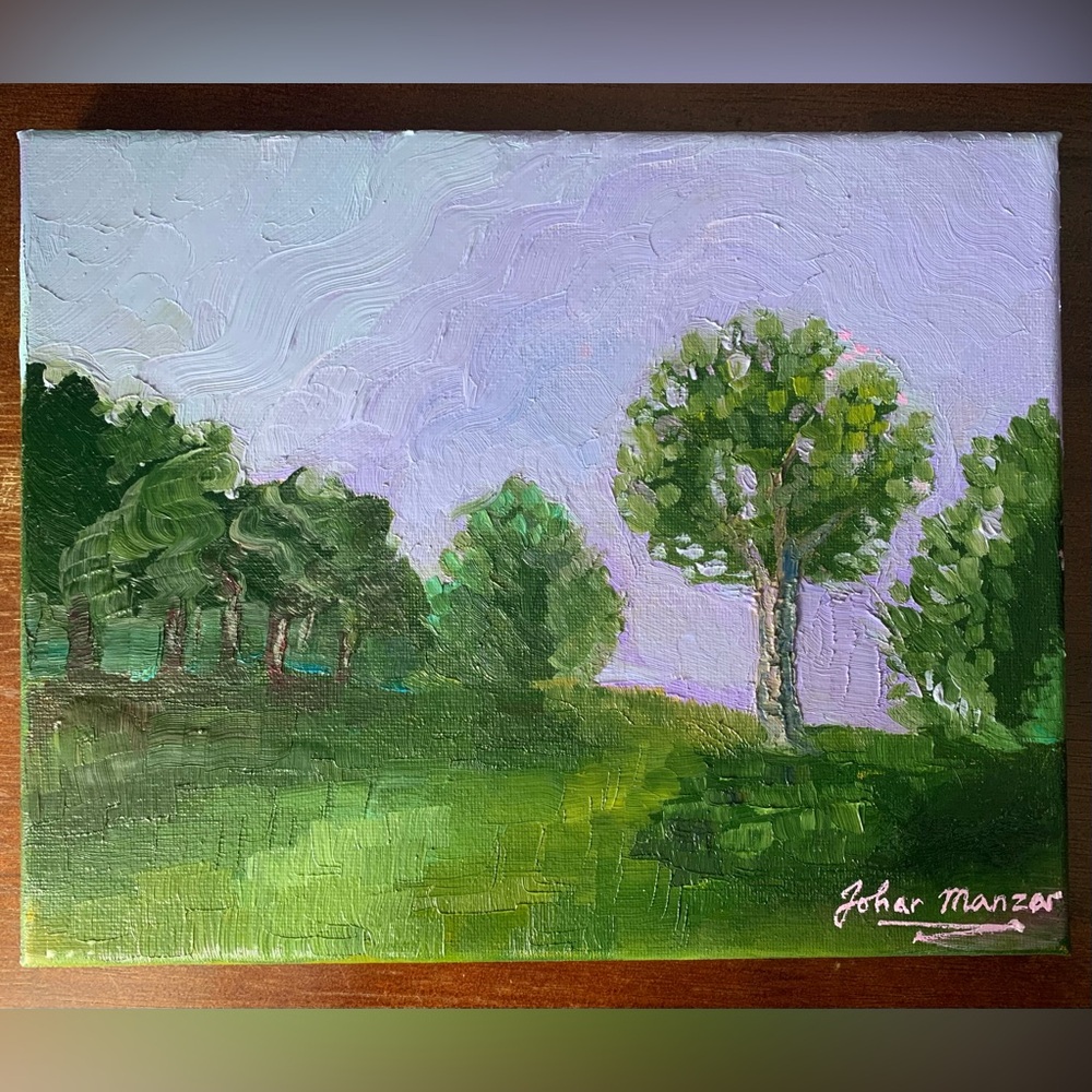 Original Oil Painting Canvas Purple Blue Sky Green Tree Green Outdoor Landscape